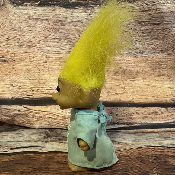 Russ Troll Doll 4" Figure Get Well Soon Green Hospital Gown Yellow Hair Vintage - Picture 4 of 5